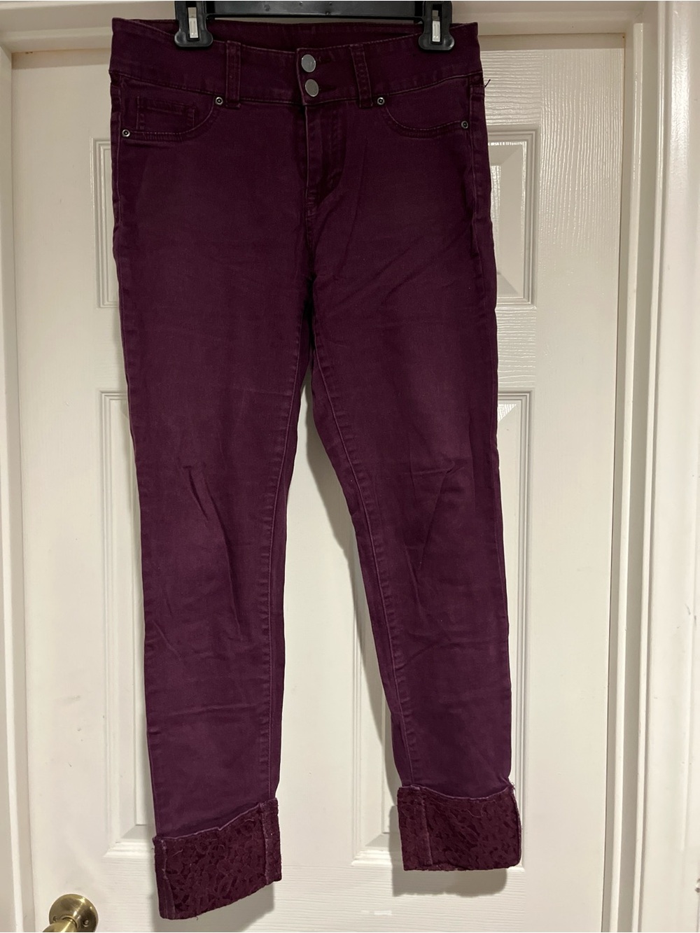 New York & Company Plum Skinny Jeans with Lace Cuff